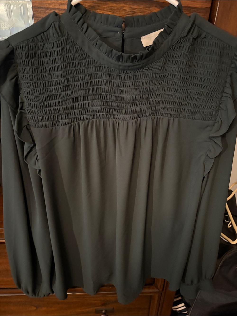 LOFT Dark Green Smocked Yoke Long-Sleeve Dress